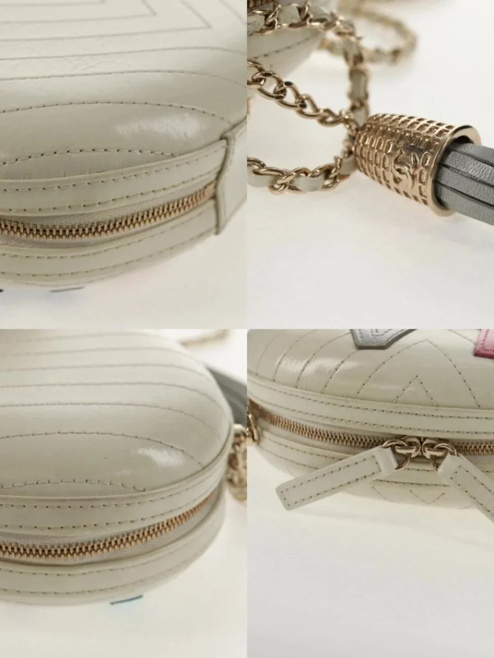 CHANEL V stitch Chain Shoulder Bag Leather White Gold CC Auth 146360SM